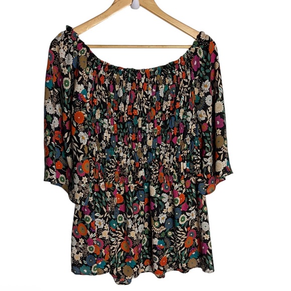 Floral Off-Shoulder Smocked Peasant Top - Black Multi size 2X - Picture 2 of 5